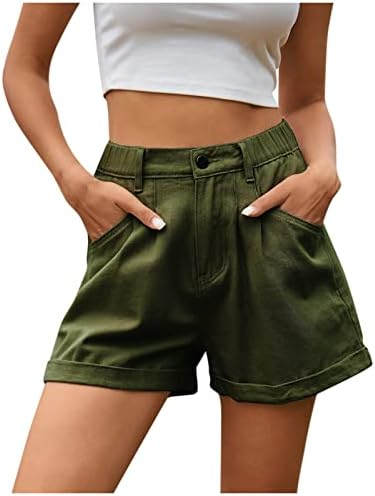 Деним шорцеви за жени со високи половини фармерки со цврста боја џин шорцеви истегнати преклопени полите топли кратки фармерки секси шорцеви