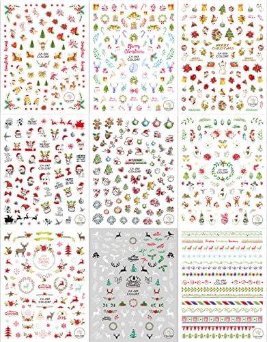 Божиќни налепници за нокти, 9 листови самолепливи нокти декларации Дедо Мраз дрво Елк зимски нокти за дизајн