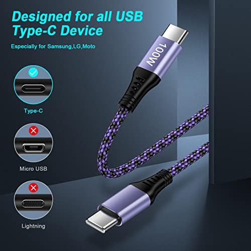 USB Type C Cable, [3Pack/6Ft] 100W 5A Super Fast Charging Type C to C Nylon Braided USB C-C Cable for Samsung Galaxy S23 A54 A14 A13