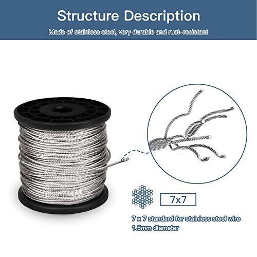 1/16 инчи 328ft жица јаже кабел за не'рѓосувачки челик, Hokimder 7x7 заглавена облека завеса кабел жица јаже, со алуминиумски прстен, жичен клип