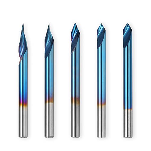 Genmitsu 5PCS V-Groove CNC рутер битови, степен 20/30/45/60, 1/8 '' Shank Nano Blue Coiting End Mills, за мелење за резба на дрво,