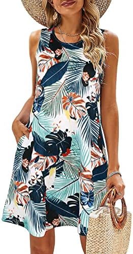 Lutенски летни фустани Бохо цветни екипи на вратот без ракави, лежерен фустан со резервоар за плажа со џеб