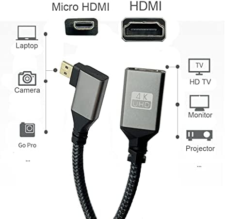 Seadream 4K Angled Micro HDMI до HDMI адаптер кабел; 8inch 90 ° Micro HDMI остави машко до hdmi 2.0 женски најлонски плетенка кабел за