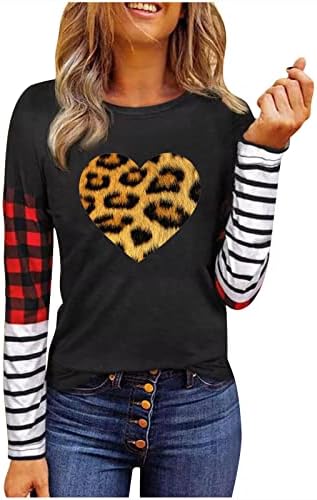 Те сакам маици за жени Симпатична леопард срце печатена шарена крпеница со долги ракави врвови модна празнична тунична блуза