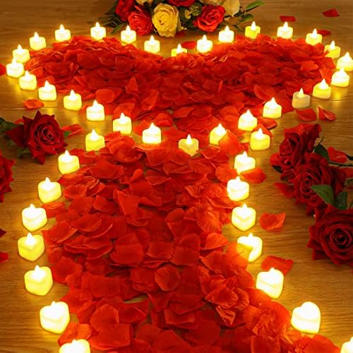 Дојдете 6000 Парчиња Вештачко Ливче Од Роза со 72 Парчиња Романтично Срце Предводена Од Свеќа Без Пламен Љубов Предводена Од Свеќа