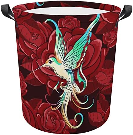 Hummingbird и црвена роза што може да се преклопи во водоотпорна торба за складирање на корпи за складирање со рачка 16,5 x 16,5 x 17