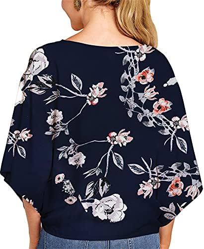 Womenените V-Neck Print Knotted Front Top 3/4 Chiffon Batwing Sneave Birty Casual Bluze Bluse Tshirt Tshirt