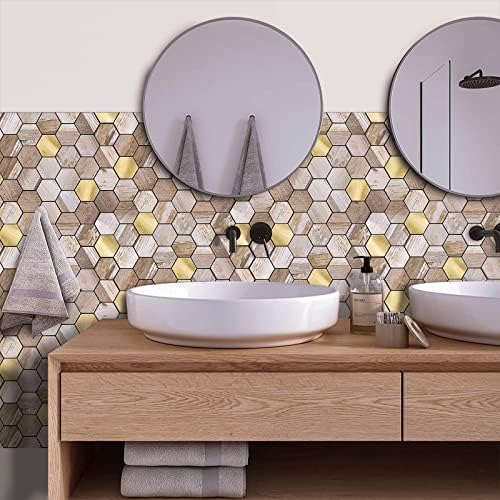 Tenashome Backsplash Peel and Stick Hexagon плочки стап на кујната бања Камино 3Д метално ПВЦ дрво во беж бреза и злато, 1-лист