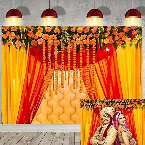 Индиска Традиционална Декорација Позадина Индиска Позадина 7х5фт Портокалова Невен Жолта Црвена Завеса Индиска Свадбена Фотографија