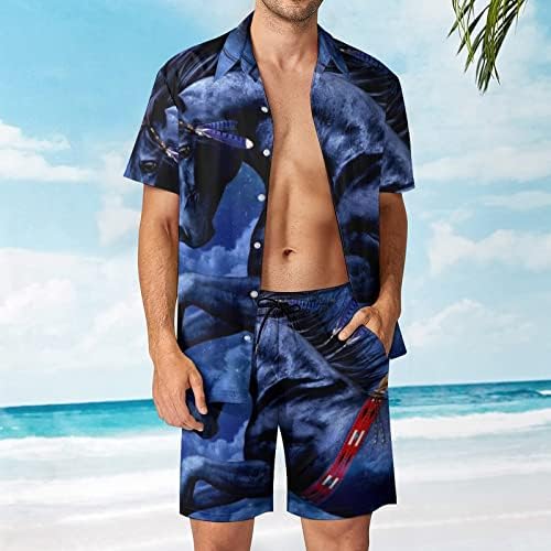Weedkeycat црна коњска машка плажа облека 2 парчиња Хавајско копче надолу со кошула Краток ракав и шорцеви
