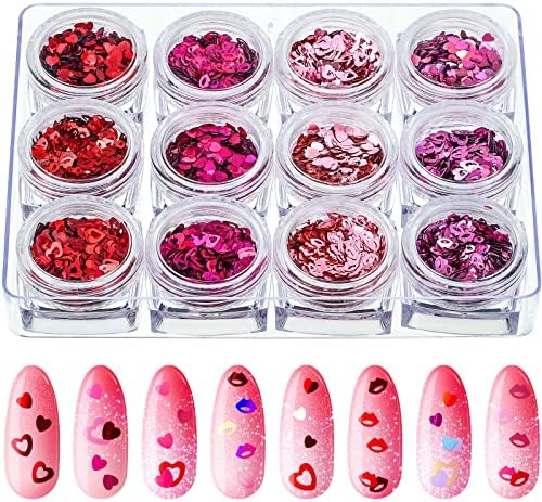 12 кутии Денот на в Valentубените, сјајни сјајни нокти, холографски црвено розово срце и шупливи срцеви усни, 3Д ласерски снегулки
