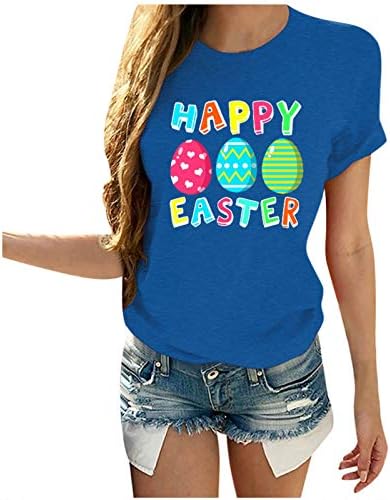 Плус големина Велигденски кошули за жени смешни јајца Писма печатена маица лабава тркалезна вратот кратки ракави за одмор