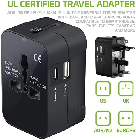 Travel USB Plus Меѓународен адаптер за напојување компатибилен со LG K350N за светска моќ за 3 уреди USB TypeC, USB-A за патување помеѓу САД/ЕУ/АУС/НЗ/Велика Британија/ЦН