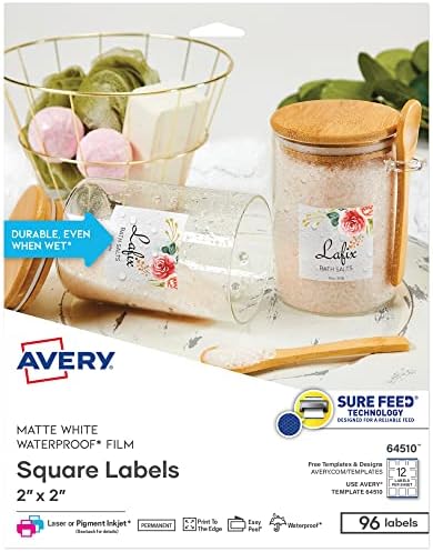 Avery® Издржливи Водоотпорни Етикети Отпорни На Масло за Печатење До Работ Со Сигурна Технологија Feed®, 64510, 2 x 2, Бело, Squa