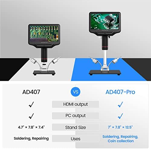 Andonstar AD407Pro 7 инчи 270X HDMI дигитален микроскоп, надграден 12,5 инчен метален штанд за професионални алатки за лемење PCB, Поддршка за компјутерска врска за мерење