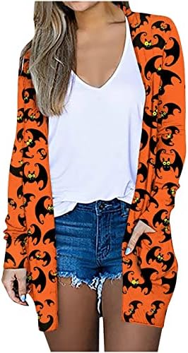 Women'sенски плус големина џемпер за Ноќта на вештерките Симпатична тиква печати со долги ракави за Ноќта на вештерките, отворени предни