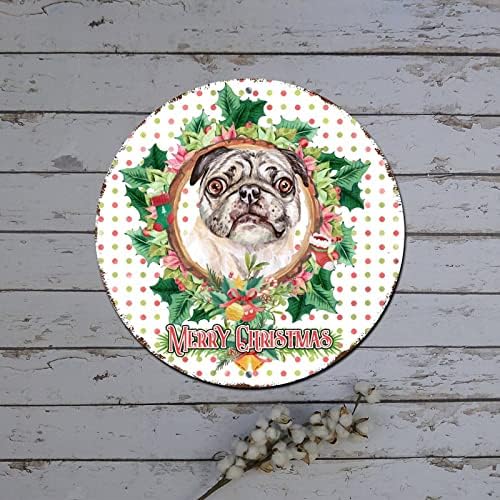 Среќен Божиќен венец знак куче во цветни венци околу металниот калај знак за врата за врата за Божиќен гроздобер алуминиумски знак
