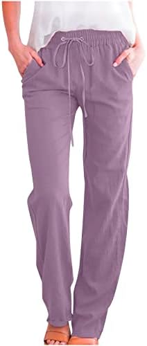 Памучни постелнини панталони за жени случајни влечење еластични половини со цврста нога цврсти панталони меки удобни панталони