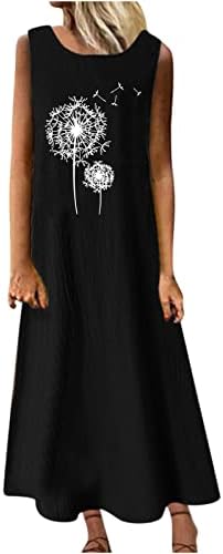 Lmdudan летен памучен постелнина фустан за жени без ракави екипаж со долги фустани мода печатено проточно удобно макси фустани за жени