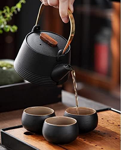 Трендвеи Јапонски Груб Комплет Чај За Керамика, Кинески Чајник Со Јамка Кунгфу Со Инфузер, 4 Чаши И 1 Плех За Чај