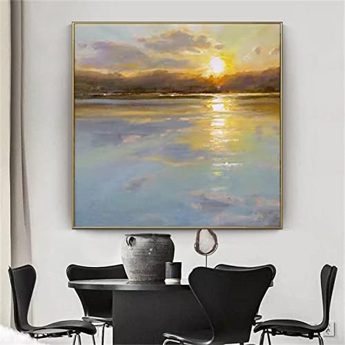 Рачно насликана уметност со текстурирано масло за сликање - Апстрактна езеро зајдисонце сценографија Плоштад Позадина модерни уметнички