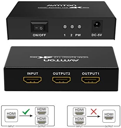 AVMTON 4K HDMI Splitter 1 во 2 надвор, HDMI Splitter Поддршка Full HD 4K@30Hz 1080P 3D Full HD Splitter, 1x2 HDMI Splitter 1 до 2 монитори, за Xbox PS4 Fire Stick HDTV DVD Blu-Ray плеер