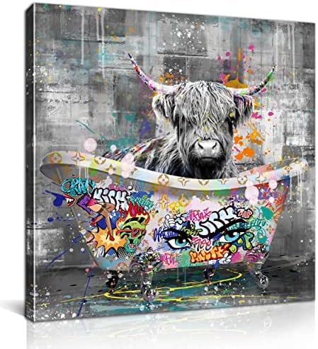 Kepgonegu Highland крава купатило и wallидна уметност смешна графити платно wallидна уметност црно -бел wallиден уметност подготвена да виси големина 14 ”w x 14” ч