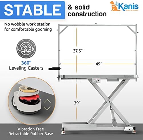 Канис 49 Професионална табела за чешлање на кучиња - Тешка, тешка, прилагодлива табела за чешлање на миленичиња w/тркала за израмнување, рака за чешлање на кучиња, Орг