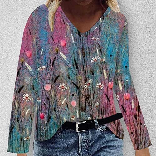 Блуза За Дами Со Долги Ракави Длабоко V Сликарство На Вратот Сончоглед Маргаритка Цветни Врвови За Печатење Маици Тинејџерка девојка 2023 ЗЕ