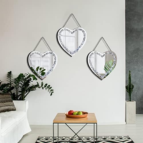 Dmdfirst Кристално Здроби Дијамантско Сребрено Огледало Во Форма На Срце со Сребрен Синџир Од Нерѓосувачки Челик за Декорација на Ѕид