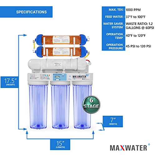 Максимална вода 6 фаза 200 GPD Rodi систем за филтрирање на вода за гребен аквариум + дигитален TDS метар + мерач на притисок