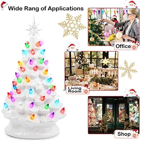 Zepoow 15 инчи пред-осветлена керамичка новогодишна елка, таблети за Божиќно декорација, 110V Божиќен приклучок, 64 разнобојни светла и врвна starвезда, бела, Кристари Голем