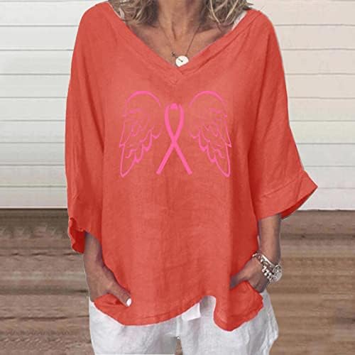 Амикадом изгорена портокалова деколте деколте блуза жени 3/4 ракави крилја лабави вклопени бренд рак на дојка блузи маици тинејџери