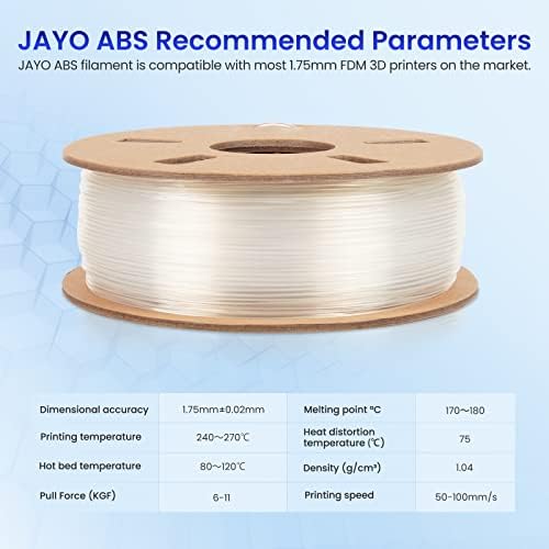 Филамент за печатач на Jayo ABS 3D, филамент на ABS отпорен на удар и топлина 1,75 mm Димензионална точност +/- 0,02 mm, 0,65kg картонски материјал