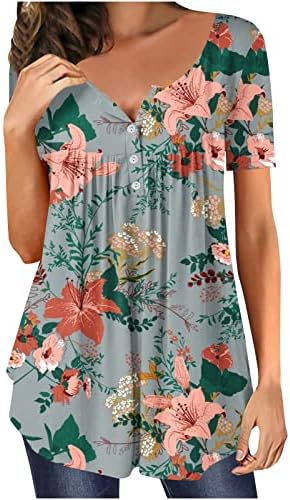 Обични цветни кошули Хенли за жени се кријат на стомакот Туника врвови 2023 летни блузи со краток ракав за носење со хеланки