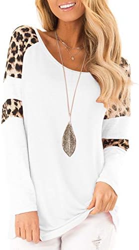 TopStype женски леопард печати врвови во боја блок со долги ракави, џемпери на вратот на вратот, обични блузи, гепаки за печатење кошули