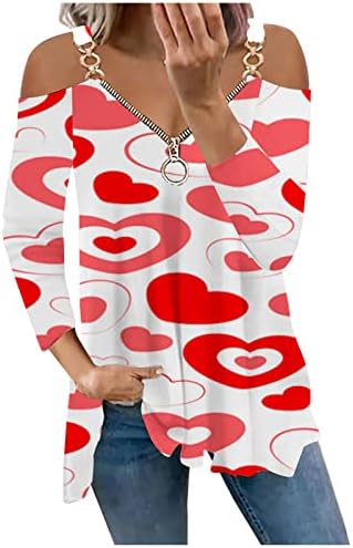 Црвени Срцеви Кошули За Женски Патент Надвор Од Рамото Маица Со Врат Врвови На Денот На Вљубените Долги Ракави Флејта Туника Блуза