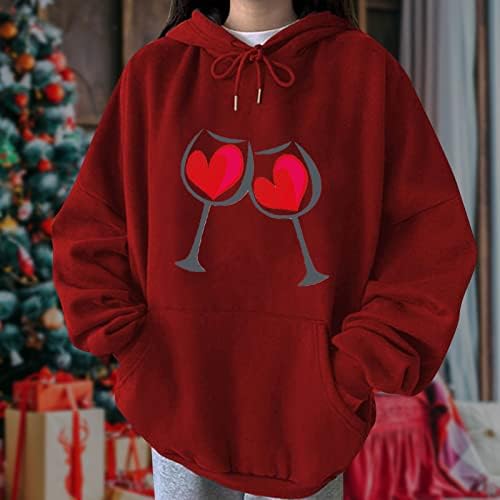 Ден на в Valentубените худи за жени преголеми симпатично срце Гномес Гноми пуловер со качулка со џемпер, обична кошула со долги ракави