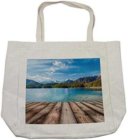 Торба за купување планина Амбесон, снежни планински врвови од стариот дрво палуба од морско идиличен мирен крајбрежен шарм, еколошка торба за
