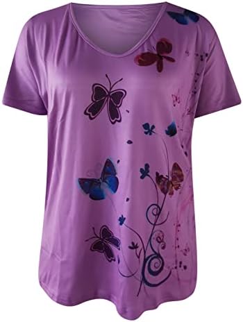 Womenените кратки ракави маичка 2023 памук длабок V врат пеперутка цветна графичка лабава вклопена врвна маичка за девојчиња 11