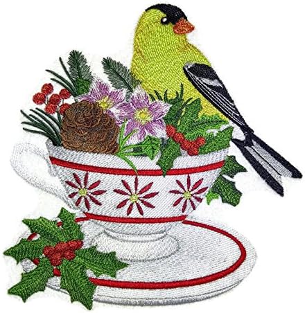 Обичен фестивал Goldfinch и Божиќен чај извезено железо на/Sew Patch [6,9 *17] [Направено во САД]