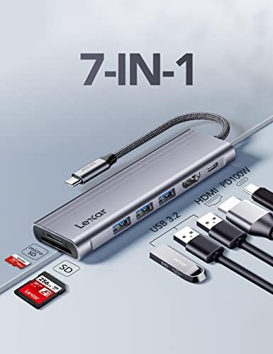Lexar H31 USB C Докинг станица HDMI 4K@60Hz, 7-во-1 OTG USB C Hub MultiPort адаптер Донгл со 3 USB 3.2 порти, HDMI, 100W PD, SD/TF читач на