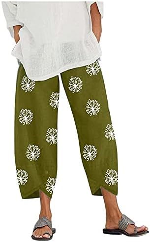 Капри панталони за жени глуварче печати памучни постелнини хареми панталони со џебови ретро лабаво вклопување празници исечени панталони