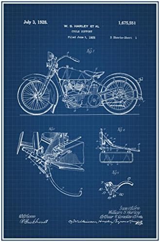 Ламиниран Мотоцикл Од 1928 Година Официјален Патентен План Постер Суво Бришење Знак 16х24