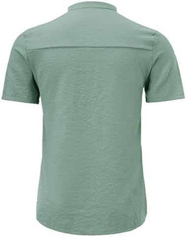 Врвот за машка памучна постелнина 3/4 ракав цврсти кошули од предна града, џеб џеб кошула, маица со јака маица блуза m-3xl
