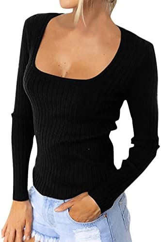 Znne женска квадратна јака маица, цврста боја плетена пулвер врвови со долги ракави тенок фит џемперс обична блуза