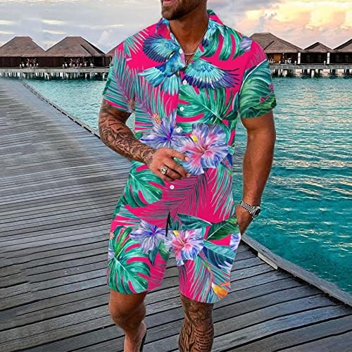 2 парчиња облека Облеки за мажи се протегаат гроздобер кошула на хавајски и кратки комплети цветни обични мускулни маици костуми