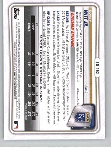 2020 Bowman Draft Haper BD-152 Bobby Witt Jr. Kansas City Royals Официјална картичка за тргување со бејзбол од компанијата Топс во