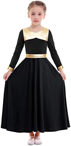 Пофалби за пофалби на девојчето за девојче металик злато литургиско обожавање црква со целосна должина, лирски костум облечен фустан, црна, 13-14