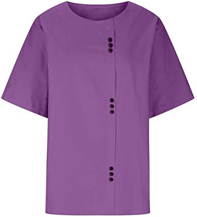 Women'sенски врвови памучни постелнини со кратки ракави маички лето цврсто копче надолу по е -екипаж, чиста тунична блуза плус големина